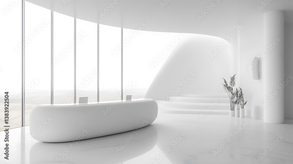 Poster minimalist office lobby with white reception desk and large windows, modern design