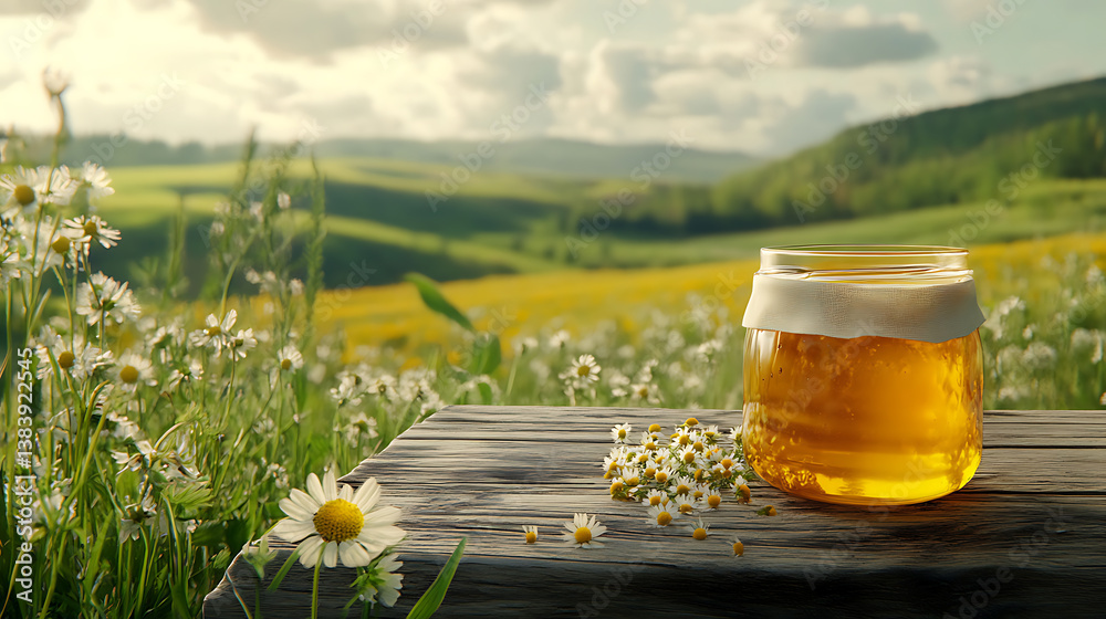 Poster jar of honey and chamomile on a wooden table with green fields in the background