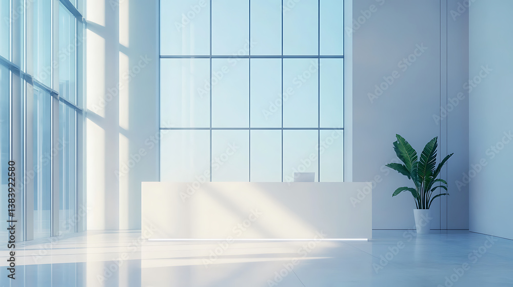 Poster minimalist office lobby with white reception desk and large windows, modern design