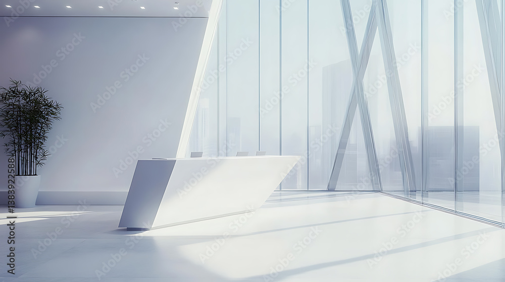 Poster minimalist office lobby with white reception desk and large windows, modern design