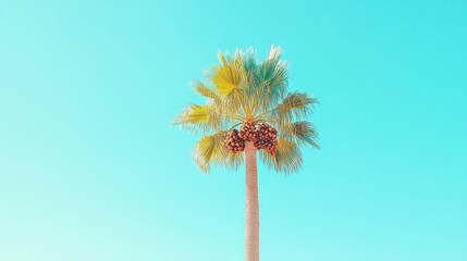 Obraz premium Palm tree against vibrant blue sky, summer vacation postcard