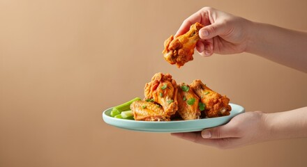 Buffalo chicken wings on plate with celery held by hands