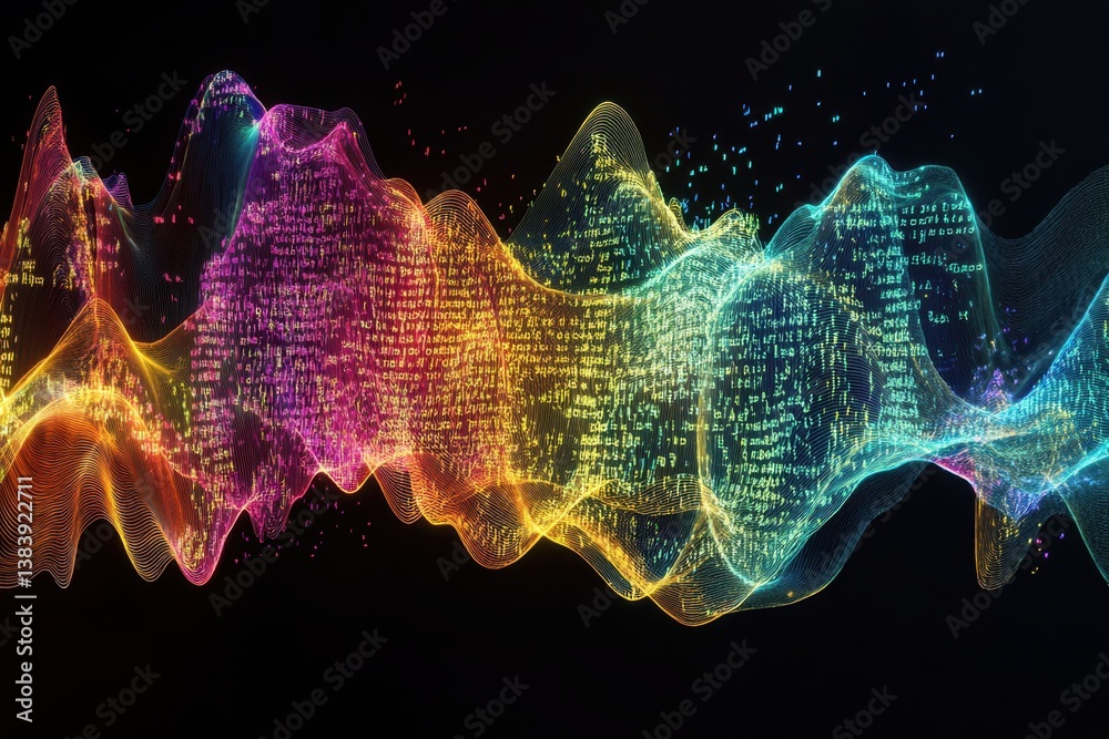 Poster colorful digital waveforms representing sound waves and data flow in a dark background