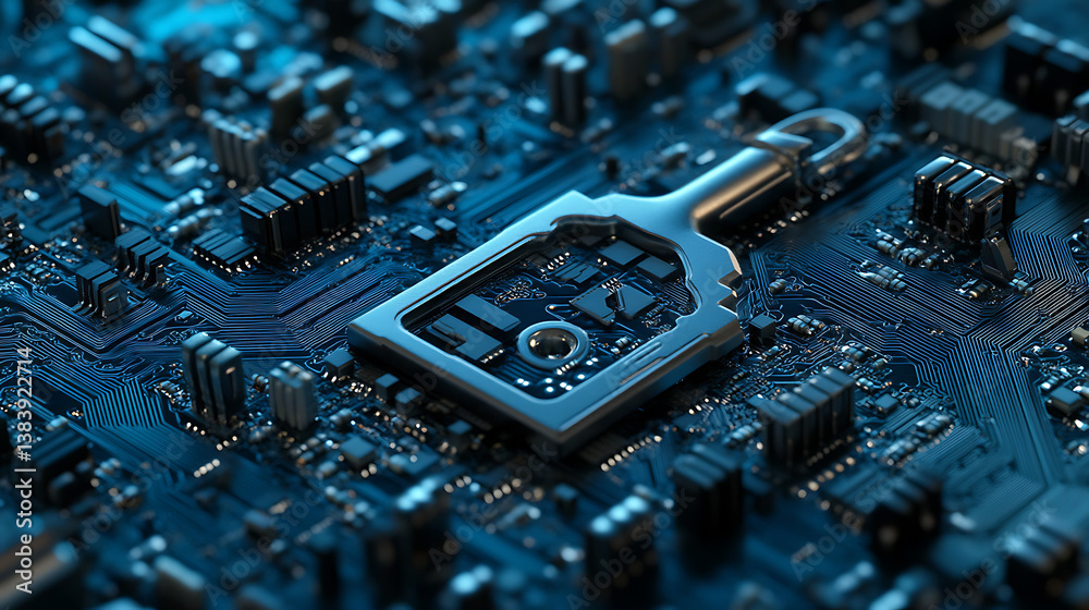 Aufkleber key icon on digital circuit board background, digital security and data protection concept