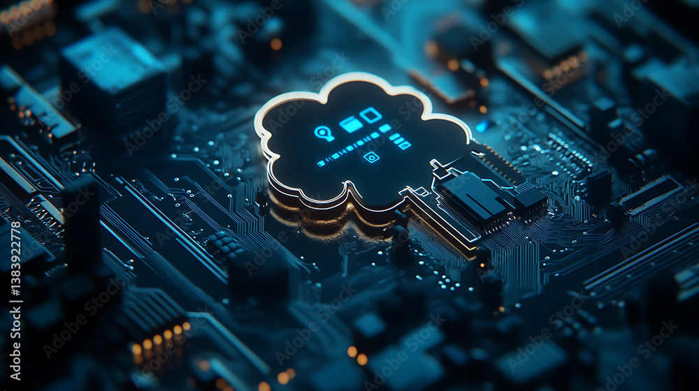 Poster Key in the cloud with circuit board background, digital security and data protection concept