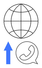 Globe with grid lines, upward blue arrow, and phone speech bubble for connectivity, progress, support, innovation, collaboration, outreach and growth themes. Clean flat simple metaphor