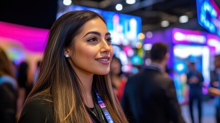 Woman Smiling at Event with Colorful Background Lights