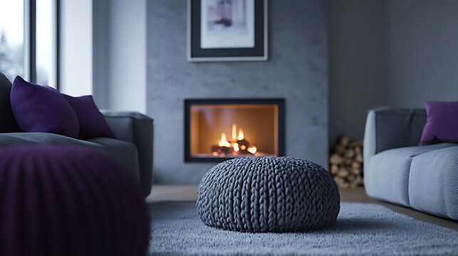 Knitted pouf near grey sofas with purple pillows, fireplace against grey wall with poster frame, scandinavian home interior design of modern living room