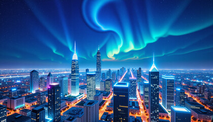 Fototapeta premium Futuristic city skyline glowing under blue night sky, cosmic wonder