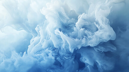 Fototapeta premium Mixture of white and blue paints, abstract art, ink, bright colors, abstractionism, liquid, fluid, stains, blue sea foam, ocean breeze, sea, curl, waves, marble pattern, 3d artwork raster background