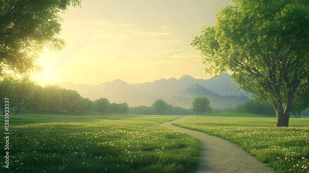 Poster landscape at sunset with a road going through a green field with deciduous trees and mountains on th