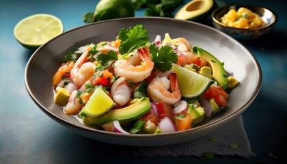 Tasty seafood salad with shrimp, avocado, and veggies, ideal for summer meals
