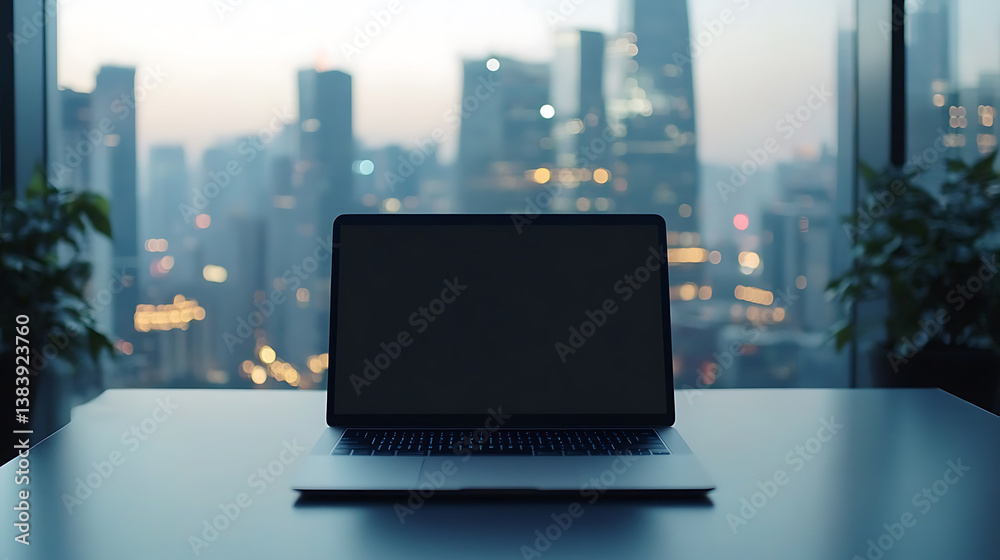 Poster laptop with blank screen on table in office with city view, mock up