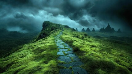 Stormy Mountain Path Green hills, stone path, dramatic clouds, misty landscape; nature travel