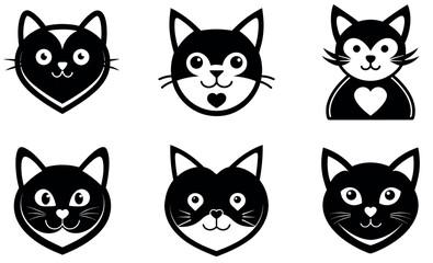Cute Cat Face Icons with Heart Noses – Black Vector Animal Illustrations for Stickers & Design