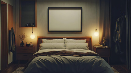 Modern bedroom interior with cozy bedding and a blank picture frame on the wall