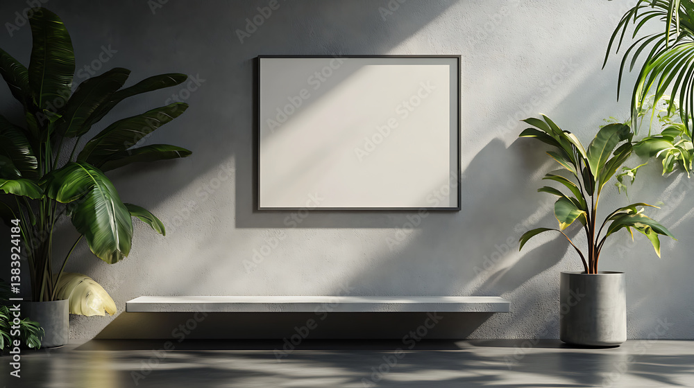 Aufkleber modern concrete gallery interior with blank mock up frame on wall and shadows, 3d rendering