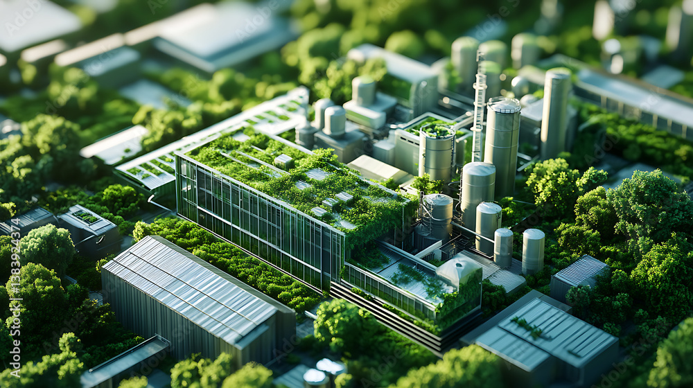 Poster modern eco-friendly factory with green manufacturing practices, emphasizing sustainable development 