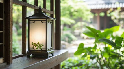Traditional Asian lantern glowing on wooden frame with garden view. Zen style, relaxation and balance concept. Interior design, for web banner, blog, advertising. Copy space