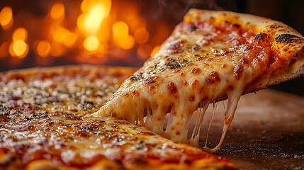A slice of pizza being lifted with the cheese stretching into an unexpected smile shape, warm golden lighting, crisp textures, detailed toppings, dynamic close-up shot
