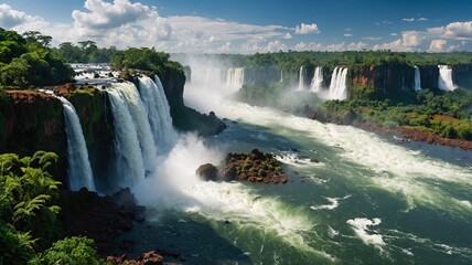 Fototapeta premium Breathtaking view of Iguazu Falls with lush greenery and vibrant blue skies.