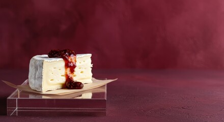 Creamy brie cheese with raspberry jam on clear stand against red background