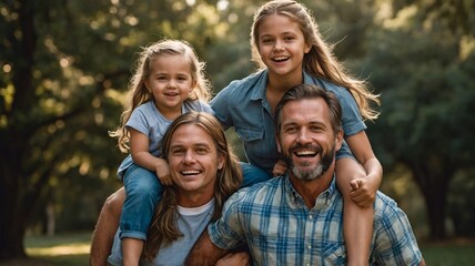 Obraz premium A joyful outdoor family portrait featuring two men with long hair and two young girls, all smiling in a sunlit park.