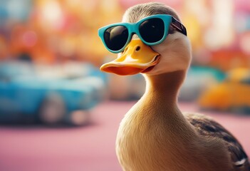 trendy portrait duck sunglasses summer pet funny care colorful style background looking domestic humor accessory mammal happy isolated purebred protection terrier breed canino friends eyeglass