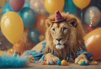 banner birthday invite wacky outfits lion invitation mismatched background funny party bright poster bow cap hat recreation mismatch colourful animal balloon postcard predator exclusive fashionable