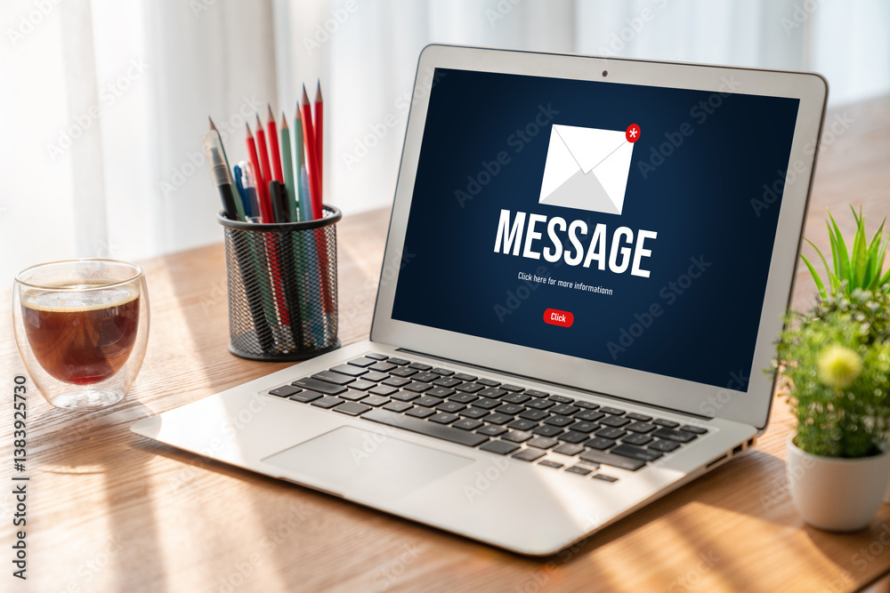 Poster email notification message showing on computer screen snugly. digital marketing message information 