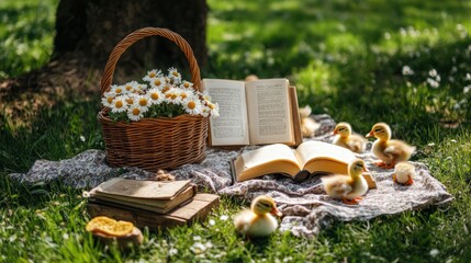 Spring picnic ducklings, daisies, books, park