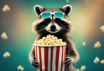 night teal illustration wearing holding sunglasses film movie space events bucket background promotions popcorn high theater ideal raccoon quality copy providing pet theatre poster box eat television