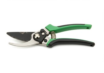 Obraz premium A close up of green handled pruning shears with a spring mechanism on a white background surface view