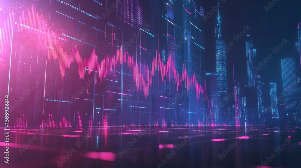 Aufkleber futuristic city skyline with neon lights and dynamic data overlay.