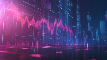 Naklejka premium Futuristic city skyline with neon lights and dynamic data overlay.