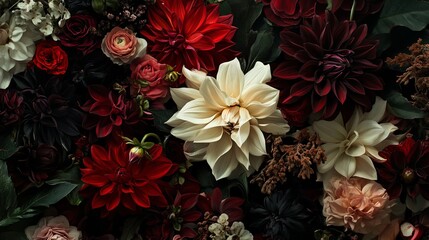 Dark Romantic Floral Arrangement Rich Red Burgundy Cream Dahlias Roses Botanical Background Texture Image Elegant Flowers Vintage Style Moody Bloom   