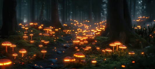 A dense forest with glowing mushrooms lighting up the ground