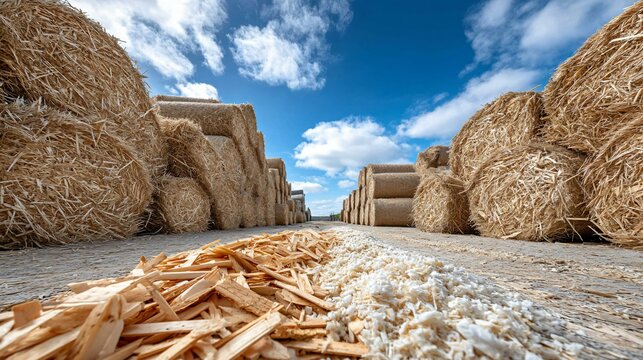 Biomass stacks under open sky at green energy farm, made from repurposed agricultural debris