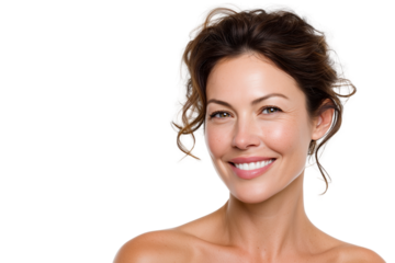 Caucasian woman in her 40s with natural smile and radiant skin