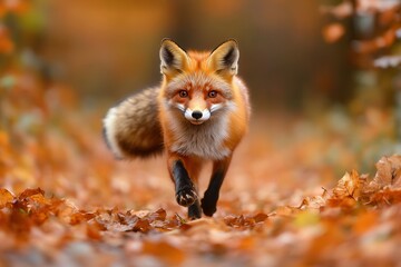 Vibrant Vulpes in Motion: Charming Red Fox Dashes Through Autumn Leaves in a Scenic European Forest