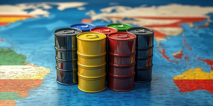 OPEC Representation: Colorful Oil Barrels Reflecting Member Nations on a Global Political Map