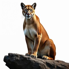 Obraz premium Majestic cougar Puma concolor perched on rock. Powerful muscular form with intense gaze. Wildlife animal portrait. Cat isolated on white background. Big cat predator.