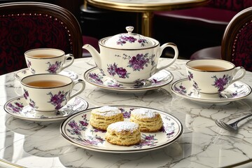 Fototapeta premium Elegant afternoon tea setting with floral china and scones, perfect for a refined gathering or a relaxing and sophisticated tea time experience at home.