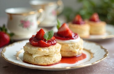 Classic English afternoon tea with scones clotted cream jam strawberries. Traditional british dessert on plate, with cup of tea. Baking sweet snack homemade. Delicious baked food on table. Nobody