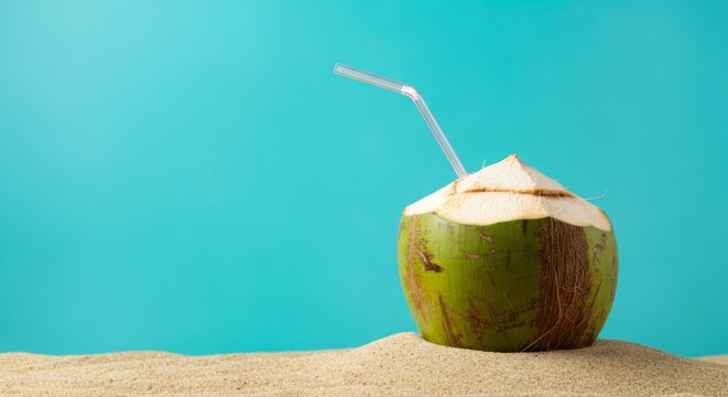 Fresh green coconut on sandy beach with straw against blue background
