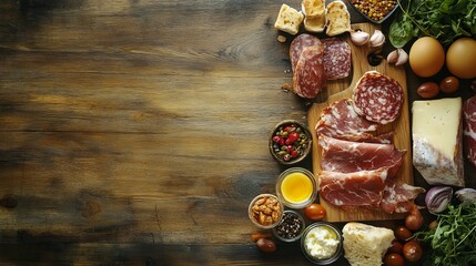 A rustic wooden board filled with assorted meats cheeses and condiments on a wooden surface top view