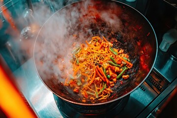 Close up of Noodles with chicken meat and fresh vegetables cooking in a wok, with rising steam from the dish preparation. Cooking delicious dinner.