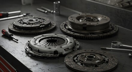 Automotive Clutch Components and Tools on a Workshop Bench