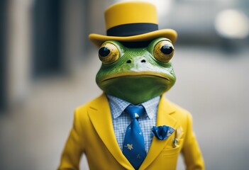 blue yellow tie frog portrait anthropomorphic suit quirky fantasy animal isolated green cute froggy funny network character whimsical collaboration surreal fashion wallpaper amphibious background