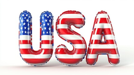A 3D inflated word "USA" filled with american flag pattern, isolated on a solid white background, patriotic theme, front view